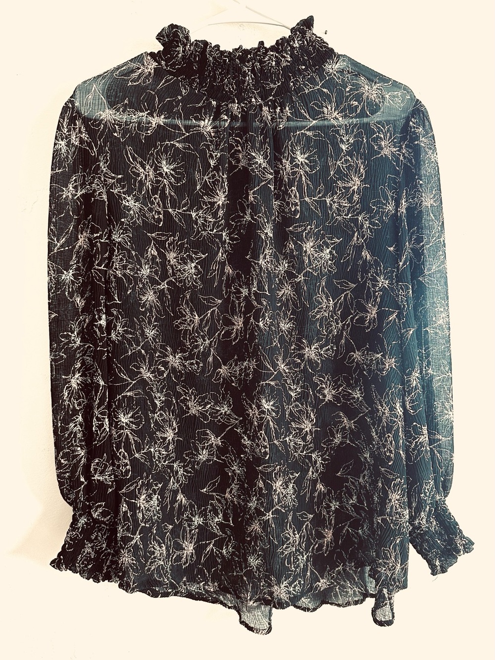 Sheer Black Floral Long-Sleeve Blouse - Lightweight, Women's Large